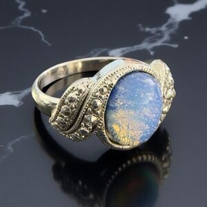 Vtg Avon 1991 Fiery Blue Opalesque Ring Marcasite Silver Tone Metal Size 8.75